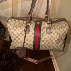 Gucci Beige and Brown Monogram duffle Bag with Red and Green Stripe